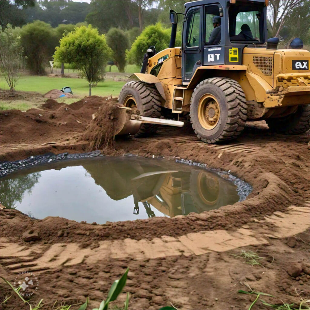 bulldozer constructing an earthen fishpond (meta ai)