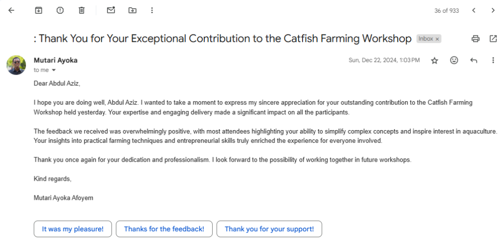 testimonial from fish farming training on empowering fish farmers